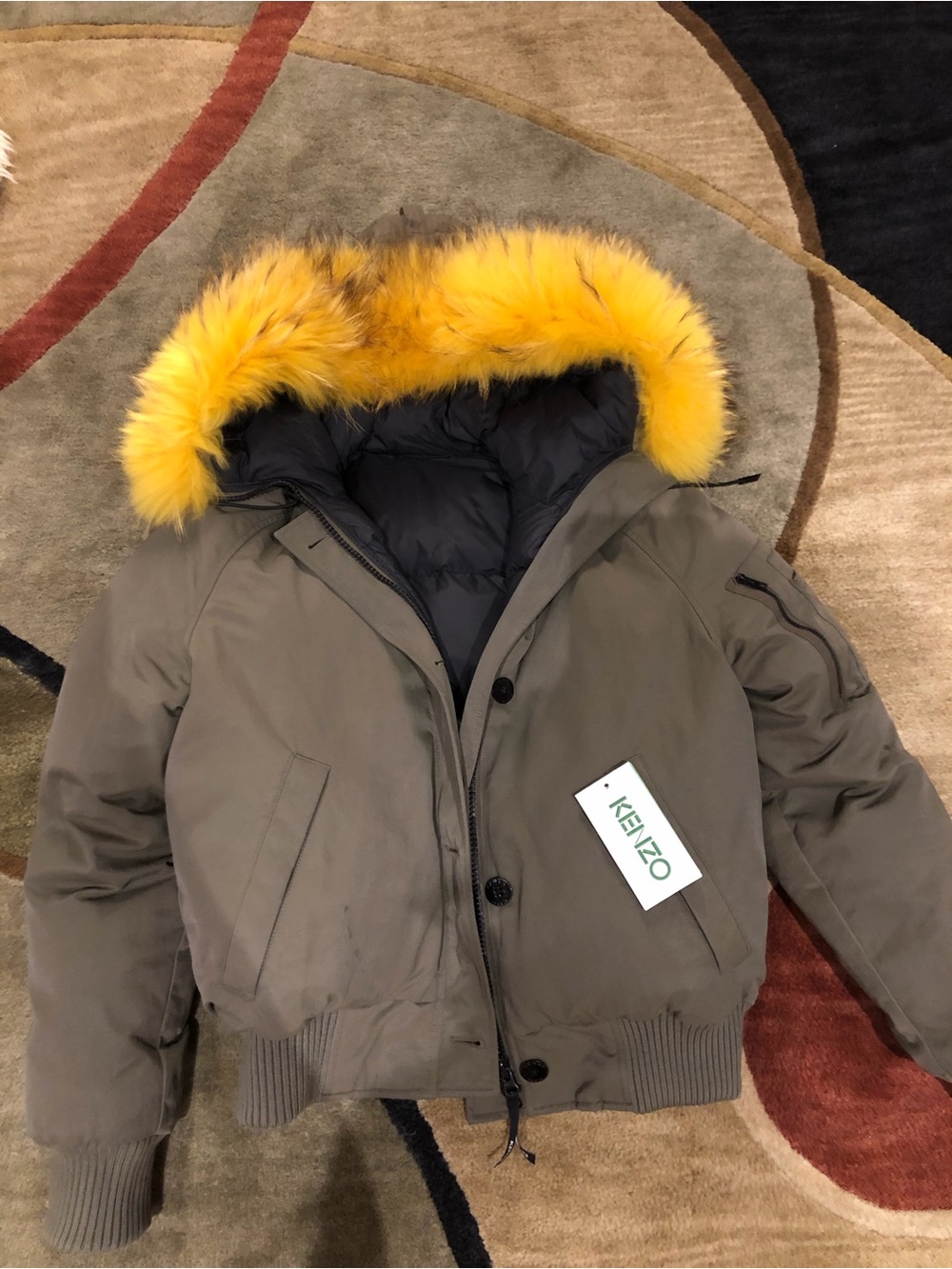 KENZO Olive Bomber Jacket with Yellow Fur Trim